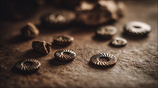 Small polished ammonite fossils collection displayed on stone