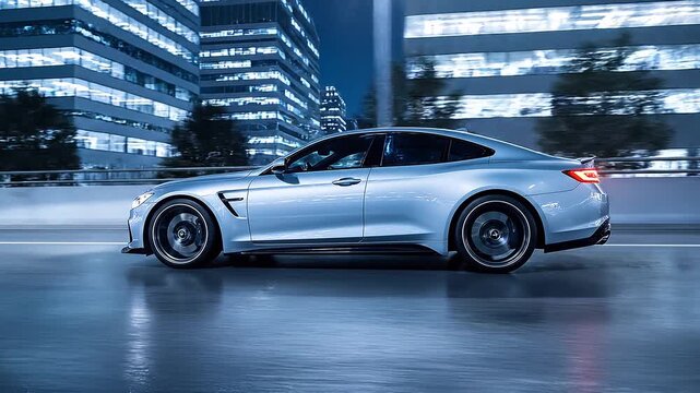 White sports car driving fast through city at night with motion blur and neon lights