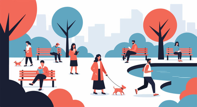 People in park engaging in various leisure activities, relaxing on benches and walking dogs. City park scene shows diverse individuals enjoying outdoor time, reading and jogging.