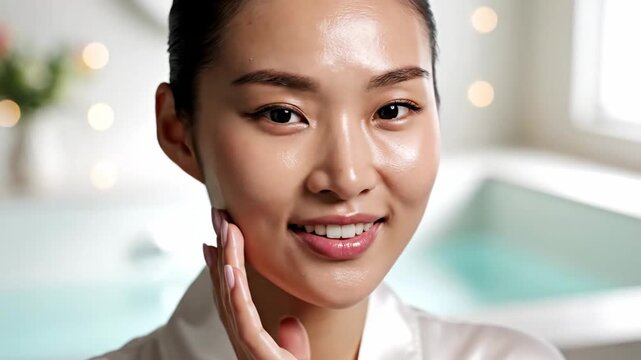 Radiant woman with flawless skin touches her face smiling against a blurred light backdrop