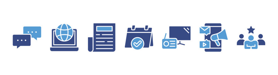 Public relations banner web icon vector illustration concept with icon and symbol of communication, internet, journal, events, radio, tv, social media and customer