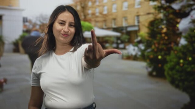 Young hispanic woman shows middle finger toward camera on city street with decorated potted trees and brick building facades; defiance.