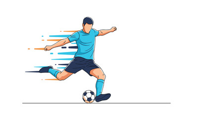 Professional soccer player in a blue uniform kicks a ball with powerful motion represented by dynamic colorful lines on a white background.