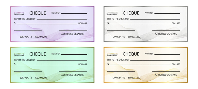 Set of cheque bank blank template with golden, silver, purple and green gradient guilloche watermark pattern