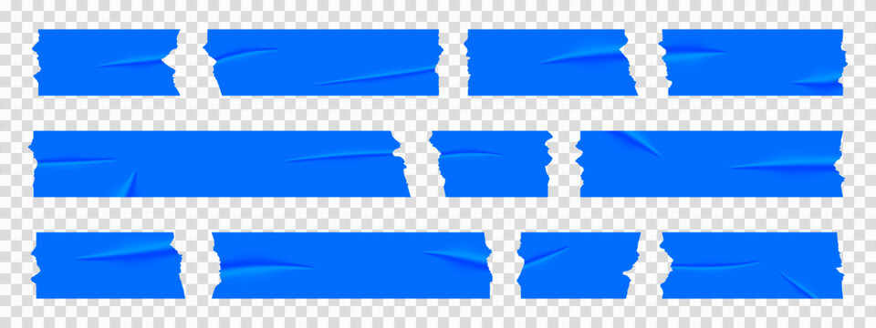 Set of blue sticky notes, realistic adhesive tape pieces vector illustration