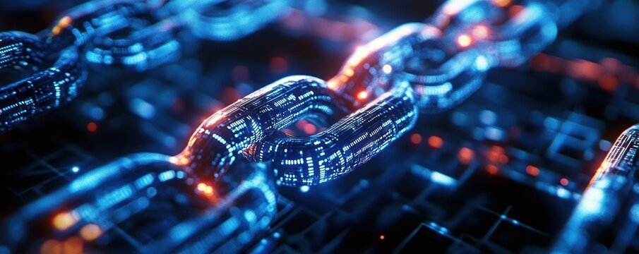 glowing digital metal chain with circuit patterns and orange highlights conveying futuristic secure connectivity