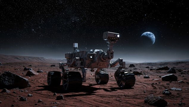 Mars Rover on Red Planet at Night 3D Rendering
