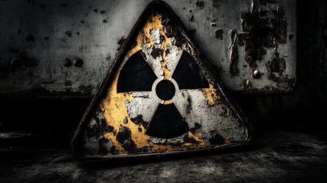 Rusty nuclear warning symbol on a weathered surface with peeling paint
