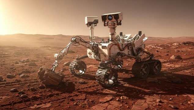Mars Rover Collecting Rock Sample on Red Planet 3D Rendering