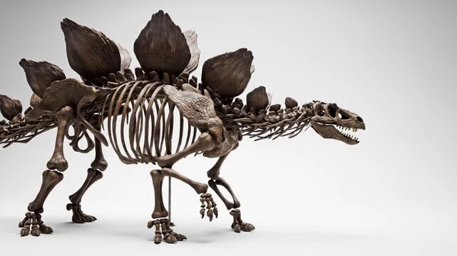A detailed side view of a dinosaur skeleton with plates on its back and sharp teeth