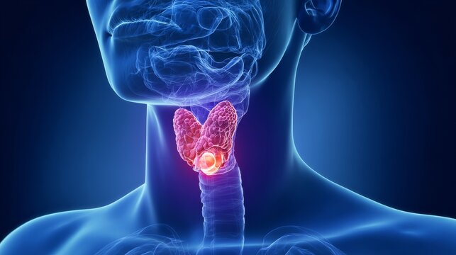 Illustration showing the diseased thyroid located in the neck area of a human body with focus on its structure