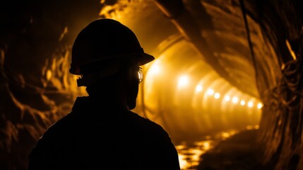 Fototapeta premium Underground mining scene showing a faceless worker in a dark tunnel with lights illuminating the path ahead during late hours of the day