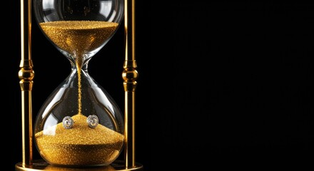 Golden hourglass with sand flowing against a black background