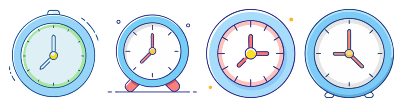 Set of four colorful vector analog clocks showing different times isolated on white background minimal design