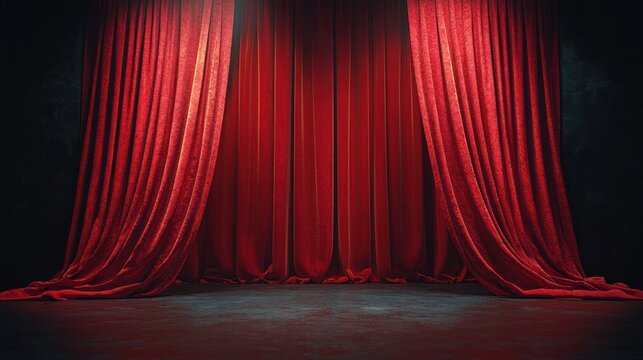 empty theater stage with heavy red velvet curtains and dramatic lighting evoking suspense and anticipation