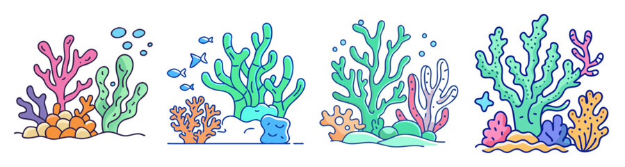 Obraz premium Colorful underwater coral reef vector icon set with tropical fish seaweed and ocean plants isolated on white background