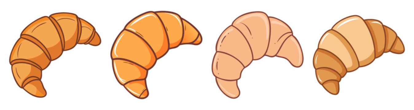 Set of four golden crispy croissant icons vector illustration isolated on white background for bakery breakfast food