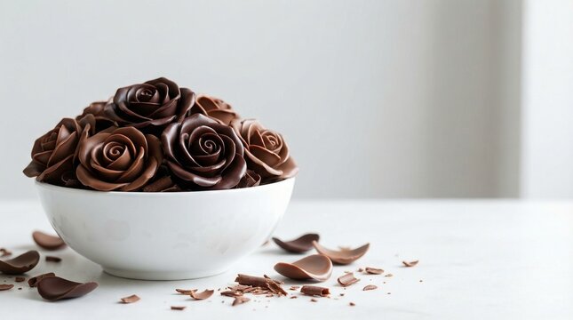 Chocolate Rose Bowl Close Up on White Table Elegant Sweet Concept