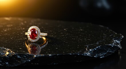 A stunning ruby ring with a gold band resting on a reflective black surface.