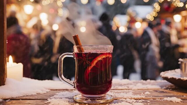 A steaming mug of mulled wine with a cinnamon stick and orange slice sits on a snowy table at a bustling winter market with warm lights and people in the background.