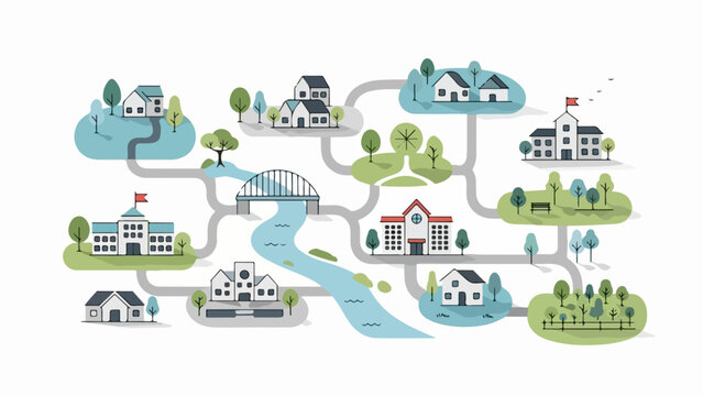 Flat community map displaying houses, schools, and church connected by roads, green trees, and river. Community map features residential buildings, educational facilities,