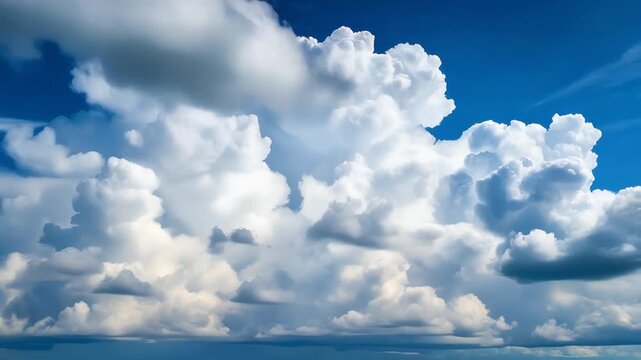 A wide blue sky filled with large white cumulus clouds forming a soft dramatic natural background that feels open calm and expansive