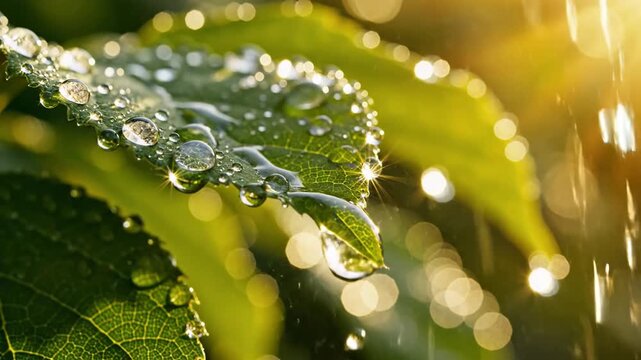 Raindrops on a green leaf. Bokeh and bright light filtering through the rain. Close-up, detailed leaf veins