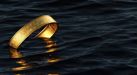 Golden ring floating on the surface of a dark blue body of water