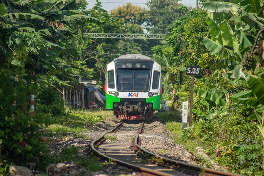 Commuter train Jenggala traveling on narrow tropical tracks surrounded by banana trees and dense greenery, reflecting public transport in rural setting, Indonesia, 10 February 2026