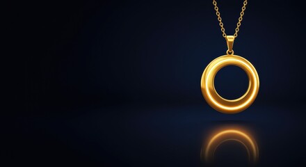 Golden ring pendant necklace with a reflective surface against a dark background