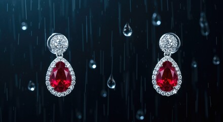 Elegant red gemstone earrings with diamond accents in a dark, watery setting