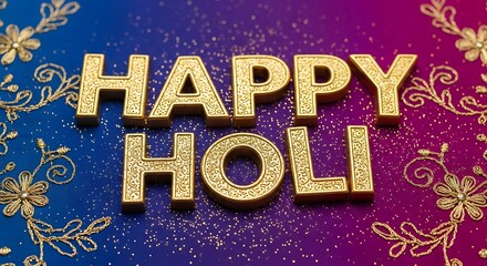 Fototapeta premium Happy Holi festival celebration gold glitter text on purple floral background