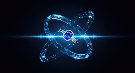 A futuristic depiction of an atom with glowing blue particles and a central nucleus