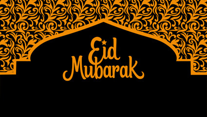 Elegant Eid Mubarak greeting background featuring Islamic arch frame and traditional batik floral ornament in black and orange color theme. Perfect for Ramadan Kareem, Eid al-Fitr, Eid al-Adha celebra