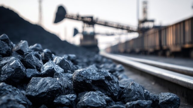 Coal transport system with trains and coal piles at a railway yard in an industrial location during the day