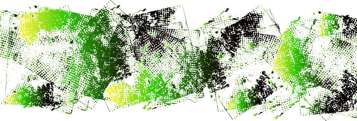Glitch Distorted Grunge Layer with Yellow and Green Noise, Scratched Texture, Halftone Dots, and Trendy Vector Shapes Overlay.