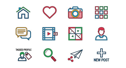 Collection of social media icons in various colors and shapes on a white background, representing different actions and features.