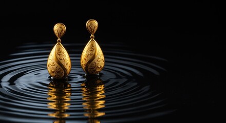 Golden droplets suspended in a dark, rippling liquid surface.