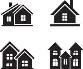 Four distinct house designs illustrated in a minimalist black and white style