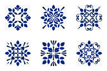 A collection of 6 navy blue floral mandalas inspired by Mediterranean Azulejo tiles.Decorative Backsplash, Antique Floor, Ethnic Motif, Elegant symmetrical vector elements for vintage surface design.