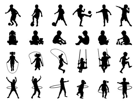 Children playing silhouette set of kids active in various sports and fun

