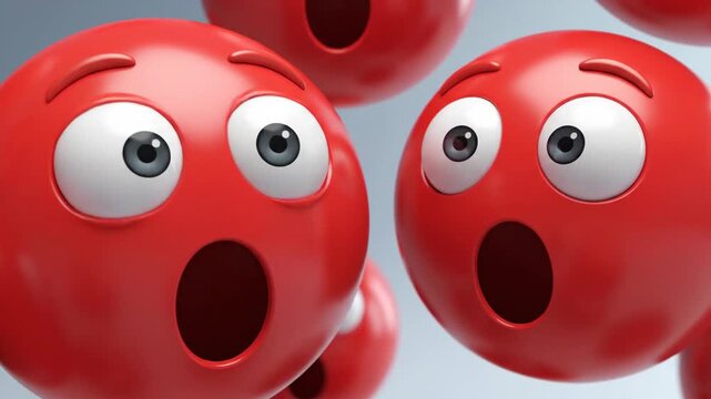 Red 3D spheres, wide-eyed and open-mouthed in shock, against a gradient background