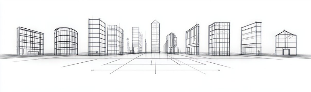 monochrome panoramic architectural wireframe of a city skyline with diverse building outlines, perspective grid and vanishing lines conveying calm, precise conceptual planning