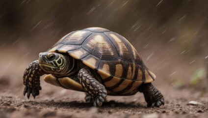 Fototapeta premium A detailed, close-up shot of a turtle walking across the ground in the rain
