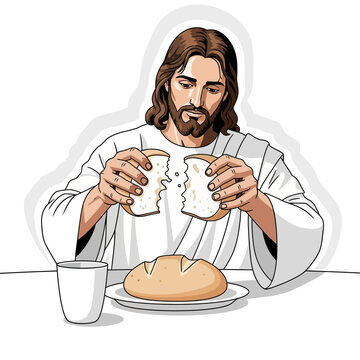 Jesus Christ breaking bread in a symbolic act of sharing and faith