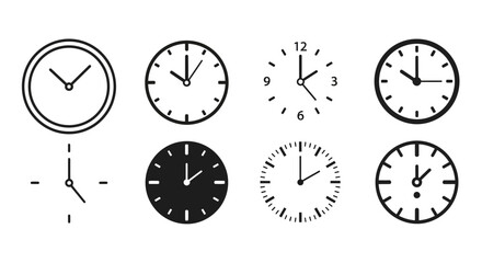 Collection of various clock faces and hands in black and white, showcasing different designs and styles, vector illustration, eps file format