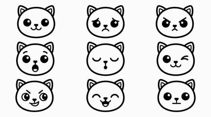 Obraz premium Adorable vector cat face emoticons showcasing a range of feline expressions from happy to sad, designed in a charming flat style