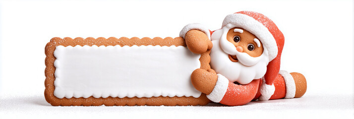 A Funny Gingerbread Santa Claus Cookie Holding a Blank Sign Isolated on White Background with Copy Space. For Christmas and New Year marketing, greetings, and designs. Generative Ai.