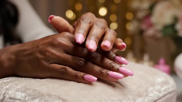 Hands with pink nails resting on a soft, textured surface, with blurry lights and flowers in the background