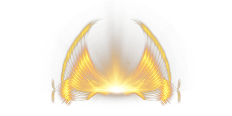 Obraz premium Golden orange glowing energy wings with bright flare and radiant lines, symmetric abstract light effect, isolated PNG with transparent background for overlays and VFX.